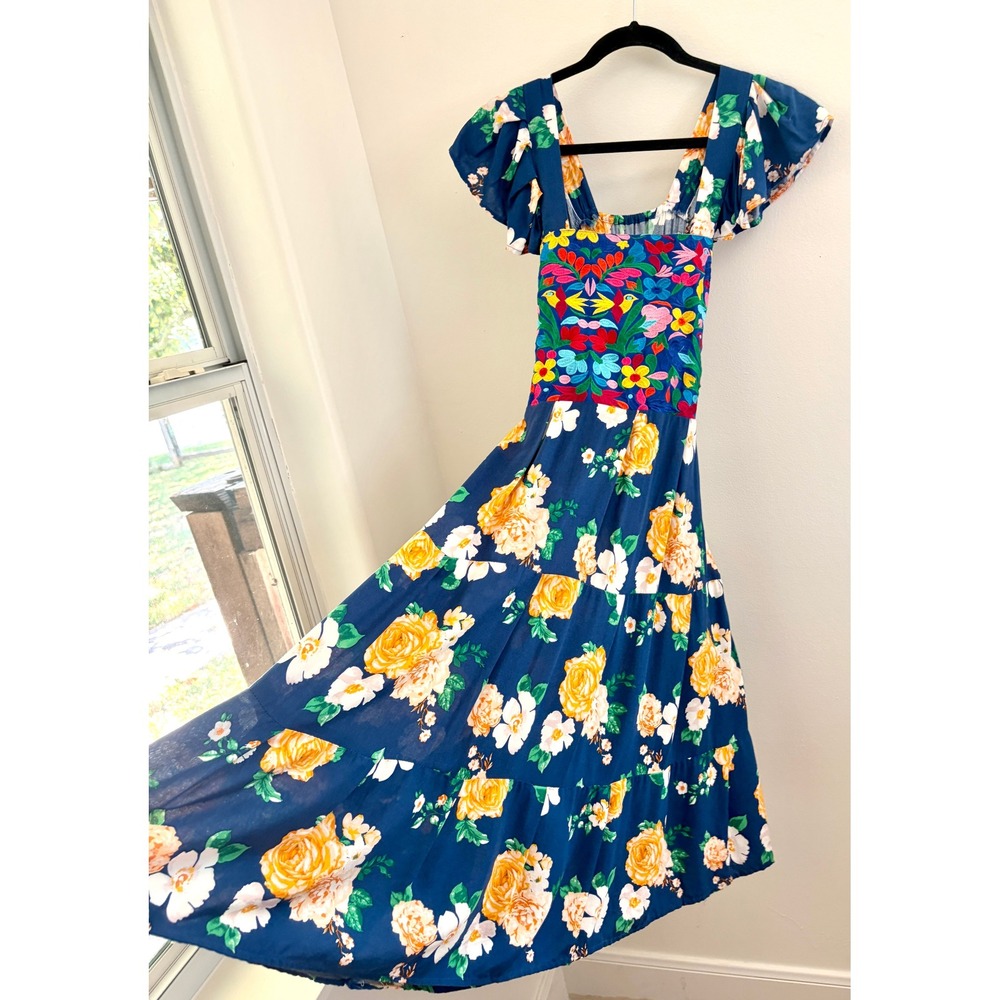 Vintage‎ Blue Floral Mexican Embroidered Small Folk Midi Dress Cottagecore
